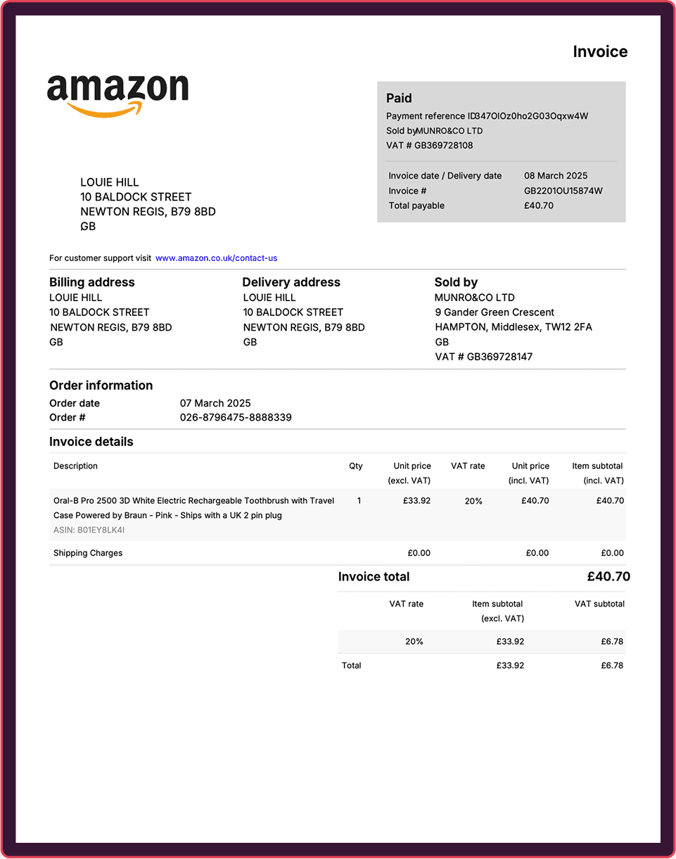 Sample invoice line data