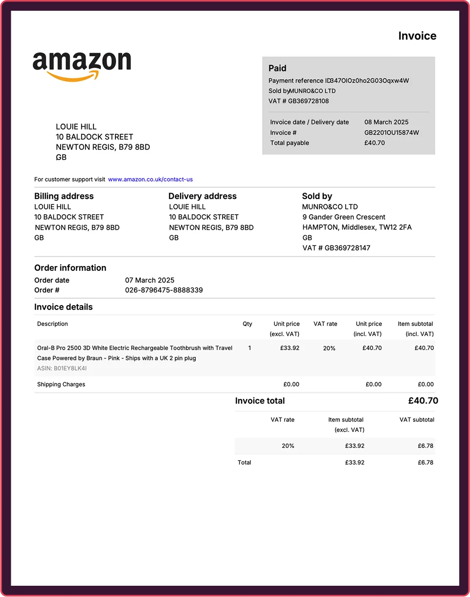 Sample invoice line data