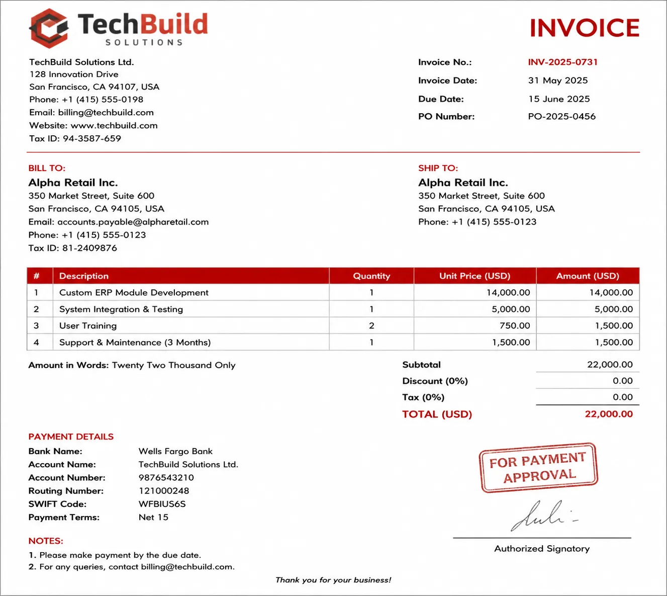 Structured extraction sample from an invoice