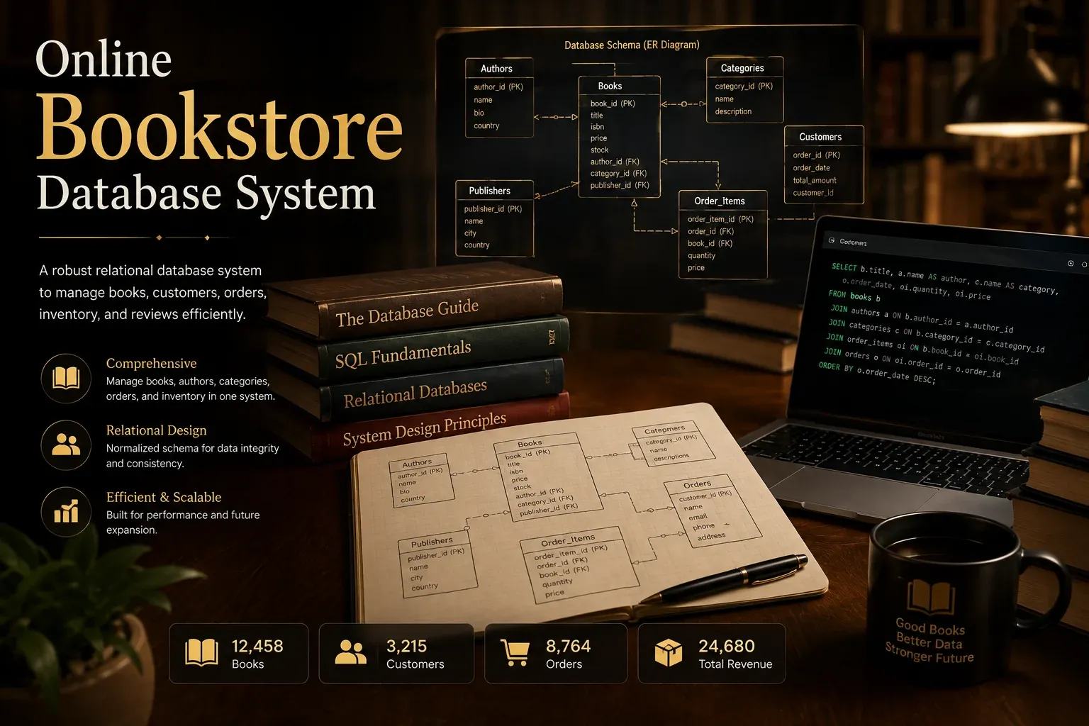 Online Bookstore Database — Fully normalized relational design for an online bookstore mapping every entity and dependency, ready to run catalog, orders, and inventory queries.