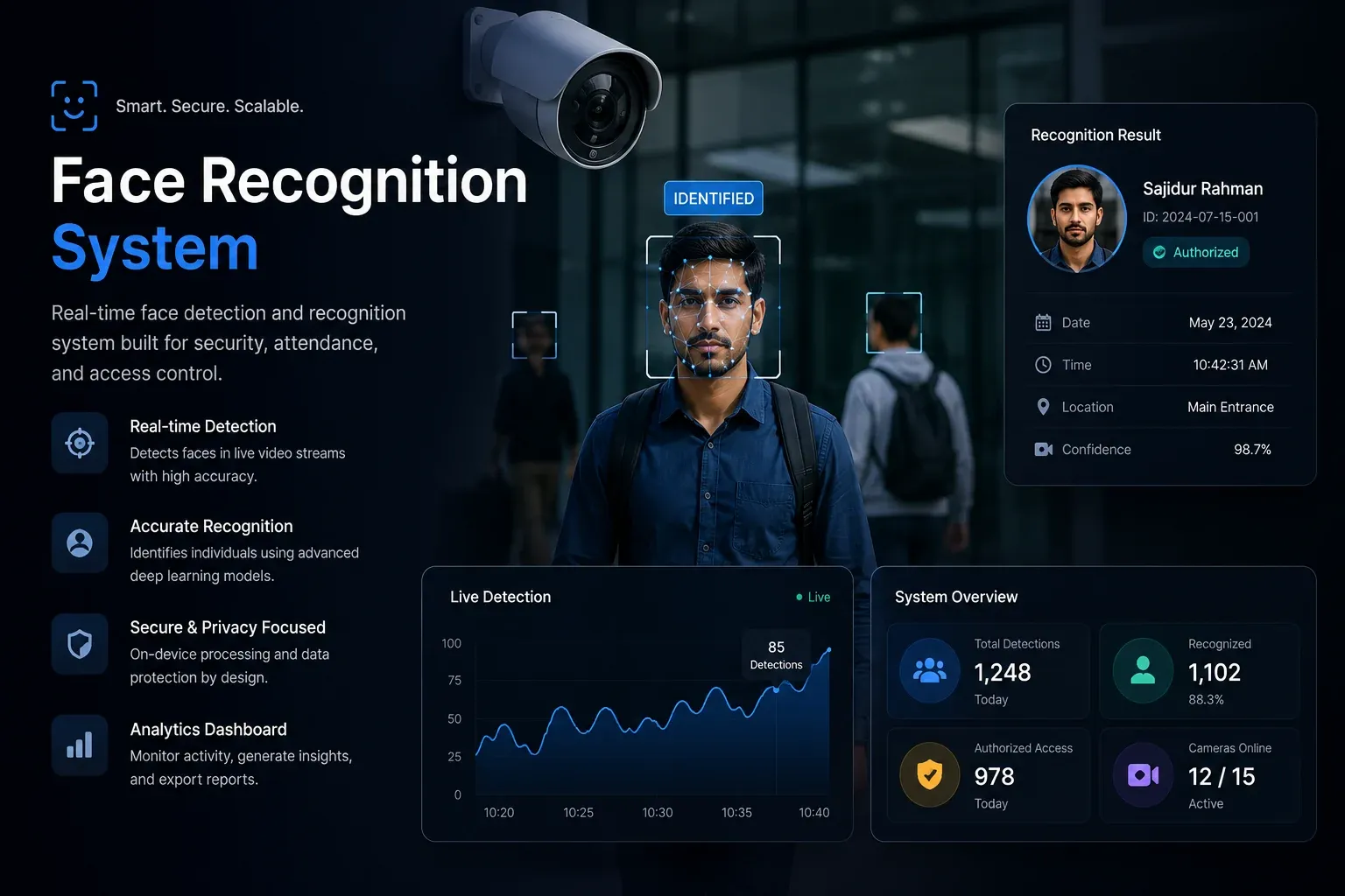 Face Recognition System — Real-time face identification pipeline that detects faces in video, trains embeddings on a known set, and identifies people live — from dataset to inference in one reproducible notebook.