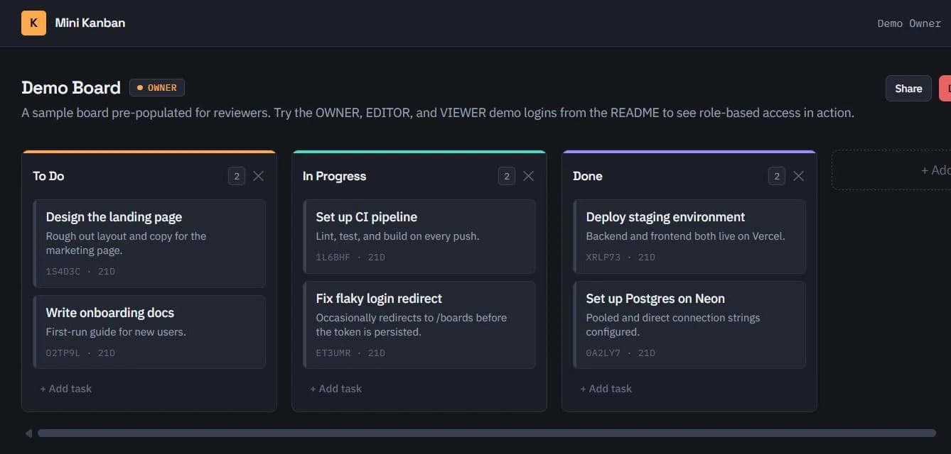 Mini Kanban Board: Multi-user Kanban board with OWNER / EDITOR / VIEWER sharing and drag-and-drop task ordering, built as a technical assessment.