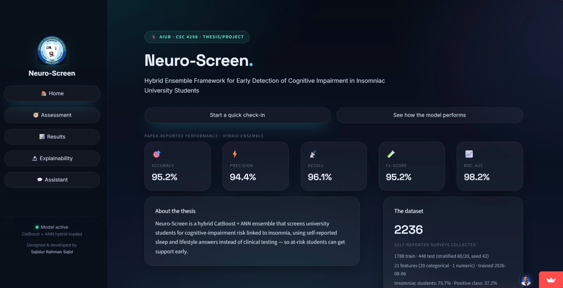 Neuro-Screen: Hybrid CatBoost + ANN framework that screens cognitive-impairment risk in insomniac university students from a self-reported lifestyle questionnaire, with explainable predictions.