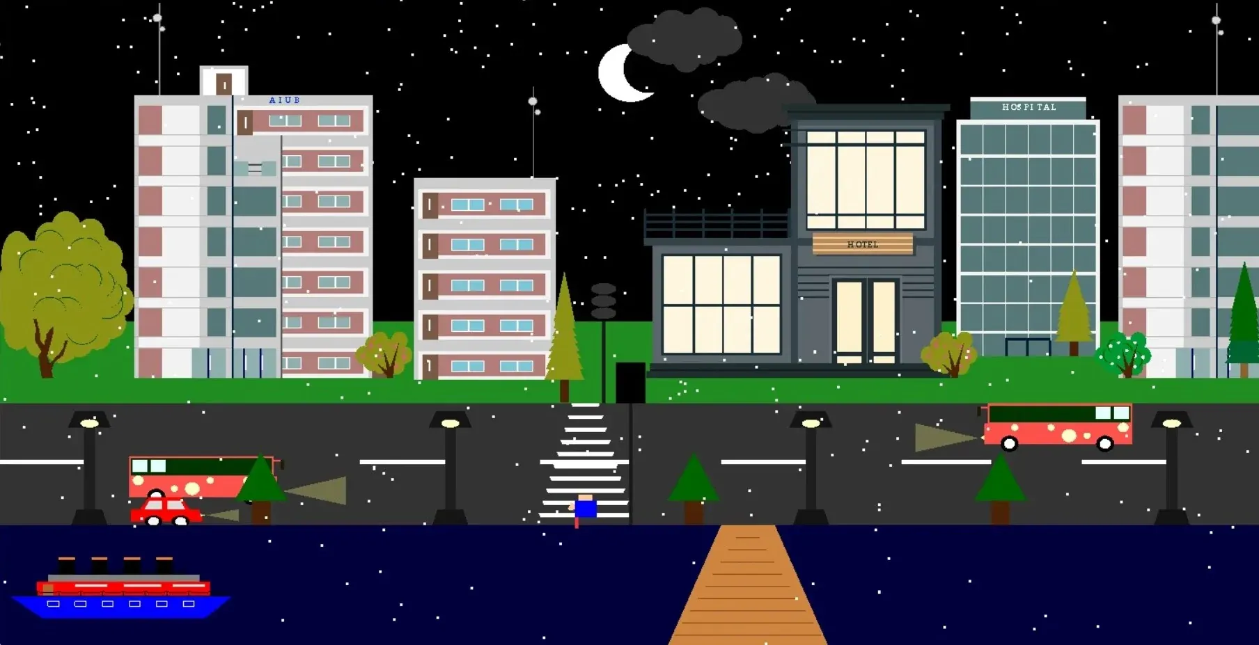 3D Procedural City Generator — Procedurally generated 3D city with dynamic day-night lighting, rain and snow effects, and functioning traffic-light logic in a pure graphics showcase.